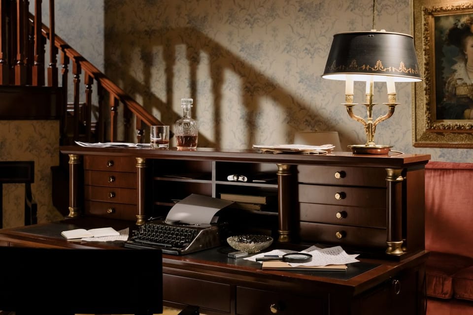 Vintage workspace with wooden desk, typewriter and lamp